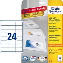 Etiketten Avery Zweckform 6172 64,6 x 33,8 mm weiß, Inkjet Laser Kopierer, Pack 720 Stk/30 Blatt