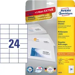Etiketten Avery Zweckform 6173 70 x 37 mm weiß, Inkjet Laser Kopierer, Pack 720 Stk/30 Blatt