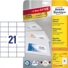 Etiketten Avery Zweckform 6174 70 x 42,3 mm weiß, Inkjet Laser Kopierer, Pack 630 Stk/30 Blatt