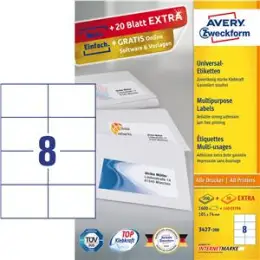 Etiketten Avery Zweckform 3427-200 105 x 74 mm weiß, Inkjet Laser Kopierer, Pack 1760 Stk/200 Blatt