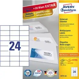 Etiketten Avery Zweckform 3474-200 70 x 37 mm weiß, Inkjet Laser Kopierer, Pack 5280 Stk/220 Blatt