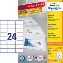 Etiketten Avery Zweckform 3475-200 70 x 36 mm weiß, Inkjet Laser Kopierer, Pack 5280 Stk/220 Blatt