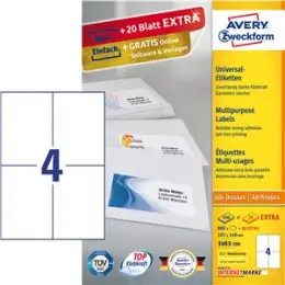 Etiketten Avery Zweckform 3483-200 105 x 148 mm weiß, Inkjet Laser Kopierer, Pack 880 Stk/220 Blatt