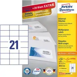 Etiketten Avery Zweckform 3652-200 70 x 42,3 mm weiß, Inkjet Laser Kopierer, Pack 4620 Stk/220 Blatt