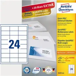 Etiketten Avery Zweckform 3658-200 64,6 x 33,8 mm weiß, Inkjet Laser Kopierer, Pack 5280 Stk/220 Blatt