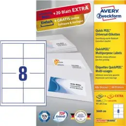 Etiketten Avery Zweckform 3660-200 97 x 67,7 mm weiß, Inkjet Laser Kopierer, Pack 1760 Stk/220 Blatt