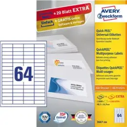 Etiketten Avery Zweckform 3667-200 48,5 x 16,9 mm weiß, Inkjet Laser Kopierer, Pack 14080 Stk/220 Blatt