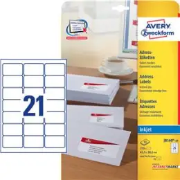 Adressetiketten Avery Zweckform J8160-10 63,5 x 38,1 mm C6 spezialbeschichtet, Inkjet, Pack 210 Stk/10 Blatt