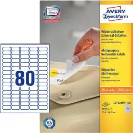Etiketten Avery Zweckform L4732-100 35,6 x16,9 mm weiß selbstklebend, wiederablösbar, Inkjet Laser Kopierer, Pack 8000 Stk/100 Blatt