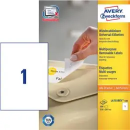 Etiketten Avery Zweckform L4735-100 210 x 297 mm A4 weiß selbstklebend, wiederablösbar, Inkjet Laser Kopierer, Pack 100 Stk/100 Blatt