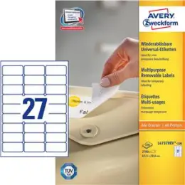 Etiketten Avery Zweckform L4737-100 63,5 x 29,6 mm weiß selbstklebend, wiederablösbar, Pack 2700 Stk/100 Blatt