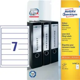 Ordner-Rückenschild Etiketten Avery Zweckform L4760-10 192 x 38 mm schmal kurz weiß, Inkjet Laser Kopierer, Pack 70 Stk/10 Blatt