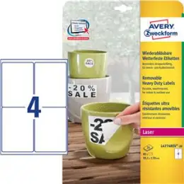 Etiketten Avery Zweckform L4774REV-20 99,1 x 139 mm weiß wetterfest wiederablösbar, Laser, Pack 80 Stk/20 Blatt