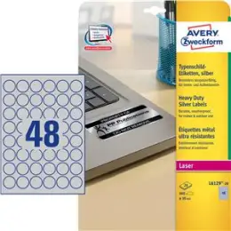 Typenschild-Etiketten Avery Zweckform L6129-20 Ø 30 mm rund, Folie, silber, Laser, Pack 800 Stk/20 Blatt