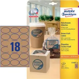 Etiketten Avery Zweckform L7103-25 63,5 x 42,3 mm oval, naturbraun, selbstklebend, Inkjet Laser Kopierer, Pack 450 Stk/25 Blatt