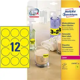 Etiketten Avery Zweckform L7670Y-25 Ø 63,5 mm rund, selbstklebend, wiederablösbar, gelb-neon, Laser, Pack 300 Stk/25 Blatt