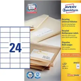 Etiketten Avery Zweckform LR3475 Recycling 70 x 36 mm weiß, Inkjet Laser Kopierer, Pack 2400 Stk/100 Blatt