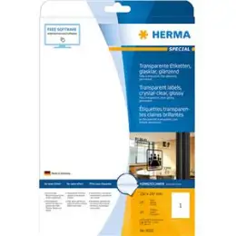 Etiketten Herma 8020 Special 210 x 297 mm A4, transparent Folie wetterfest, Laser, Pack 25 Stk