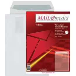 Versandtasche Mailmedia 30002546 396110 B4 mit Fenster haftklebend weiß 120g Adressfeldtaschen, Pack 10 Stk