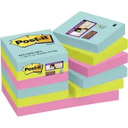 Haftnotiz Post-it 62212SMI Super Sticky Notes, Miami 48x48mm sortiert Block mit 90 Blatt, türkis, neongrün, neonpink, Pack 12 Stk