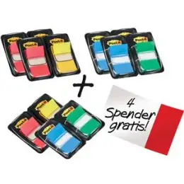 Haftstreifen Post-it 680-P12 Index 680 PROMO 25,4x43,2mm 2x50 Streifen im Doppelspender, farblich sortiert rot+gelb oder blau+grün, Pack 6 Stk