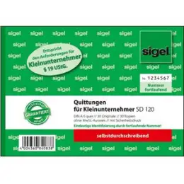 Quittung Sigel SD120 Kleinunternehmer A6 ohne MwSt.-Ausweis 2 x 30 Blatt selbstdurchschreibend SD, Pack 5 Stk