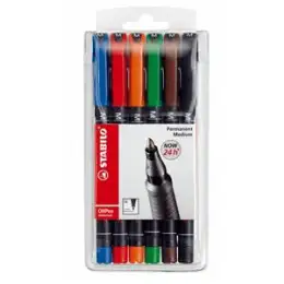 Folienschreiber Stabilo 843/6 OHPen universal permanent 6er-Etui, farbig sortiert, Schreibfarben: je 1x blau, rot, grün, schwarz, orange, braun
