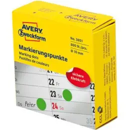 Markierungspunkte Avery Zweckform 3851 Ø 10mm permanent grün, Pack 10 x Rolle je 800 Stk