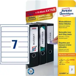 Ordner-Rückenschild Etiketten Avery Zweckform L4760REV-20 weiß 38 x 192 mm selbstklebend, wiederablösbar, Pack 210 Stk/30 Blatt