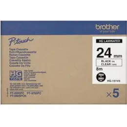Schriftband-Kassette Brother HGe-151V5 Multipack schwarz auf transparent 24mm/8m laminiert, Pack 5 Stk