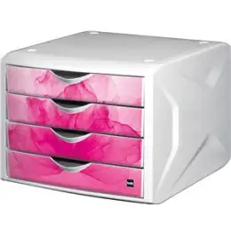 Schubladenbox Helit H6129626 chameleon wild flower 4-Schübe weiß/himbeer IML Dekor