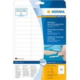 Ablösbare Beschriftungsstreifen Herma 10005 Special 63,5x16,9 mm weiß selbstklebend, ablösbar + wieder haftend, Inkjet Laser Kopierer, Pack 1200 Stk/25 Blatt